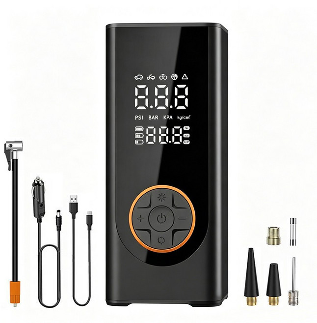PCMOS 휴대용 무선 에어펌프 6000mAh 보조배터리 LED손전등 자동차 자전거 오토바이 구기류 다용도 공기주입기, 블랙, 1개