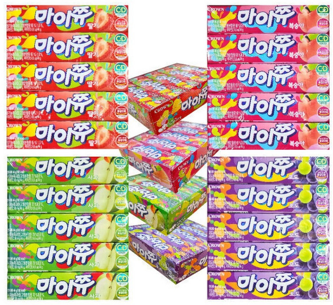 크라운 마이쮸 딸기/복숭아/사과/포도 44g x 15개(한케이스)/간식, 15개