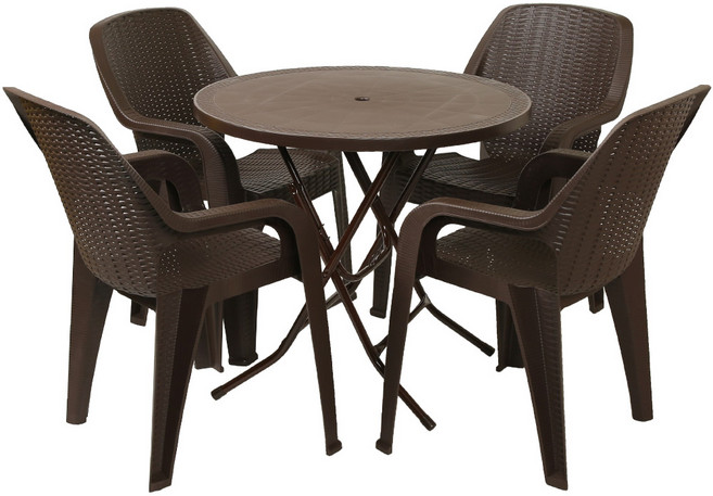 지오리빙 라탄 테이블 원탁 + 팔걸의 의자 4p 세트 고객직접설치, 브라운