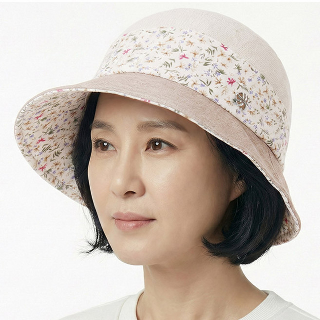 [국산] 베이직엠 중년 여성 여름모자 벙거지 챙와이어 라운드 꽃배색