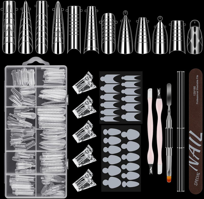 폴리젤 듀얼 폼 세트 12스타일 12사이즈 144개 팁 액세서리 포함 듀엣 시스템, 1세트, 12사이즈 몰드+클립5개+액세서리 포함 듀엣 시스템