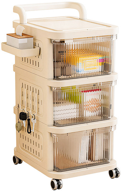 이동식트롤리 3/5단 수납장 서랍형트롤리, 투명하다, 3단