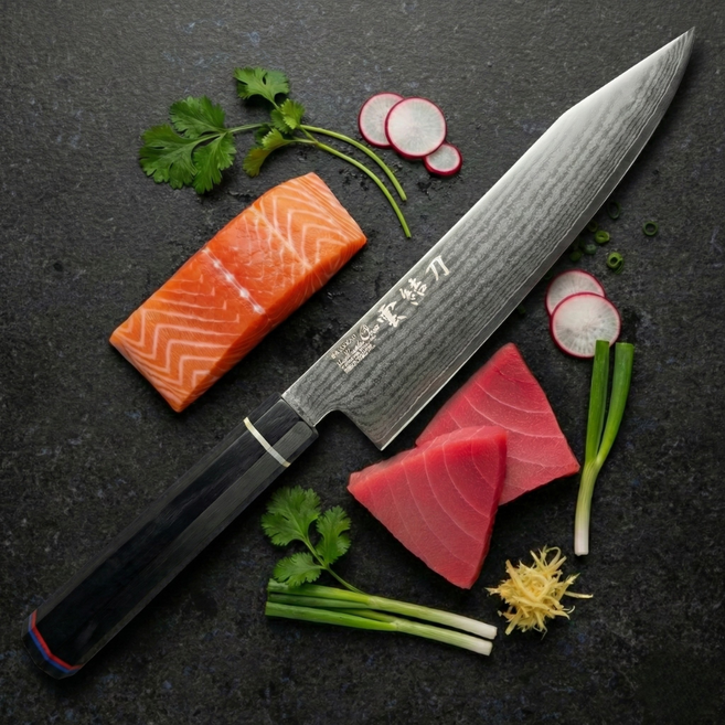 명장 조상진 운결도 67겹 다마스커스칼 키리츠케칼 규토 우도 식칼 흑단나무 팔각 손잡이 2종, 1개, 블랙