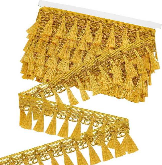 자수 레이스 트림 튤 오픈워크 레이스 민족풍 트림 DIY 의상 장식 웨딩, 1개, 골드 태슬