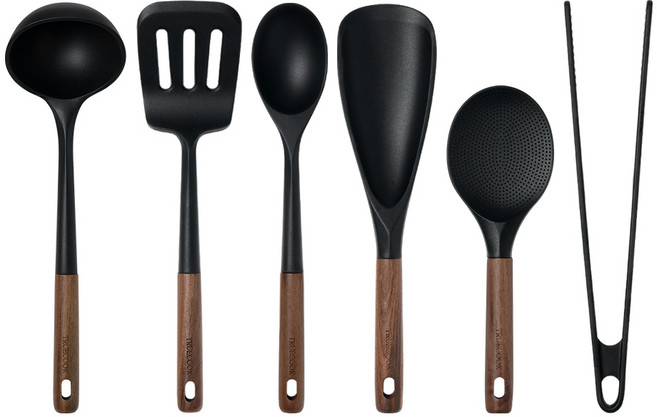 트루쿡 북미산 월넛 실리콘 조리도구 6종 세트, 1세트, 블랙, 국자+뒤집개+서빙스푼+멀티스푼+주걱+집게