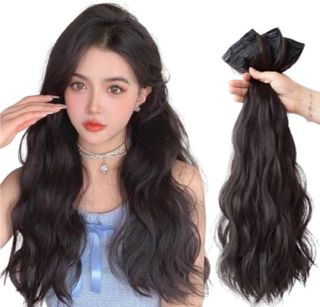 디올드 자연스러운 똑딱이 붙임머리 웨이브 부분 가발 3피스, 1개, 브라운블랙