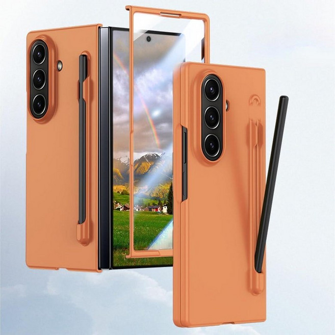 HOULEE 삼성 갤럭시 Z 폴드 7 케이스 S 펜 및 화면 보호 필름 피부 친화적인 폰 홀더 전체 PC 무선 충전 7용 - 다크 블루 276298, 주황색