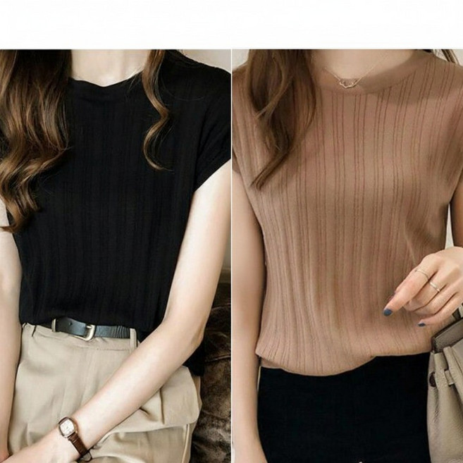 MU랑 여성 캡소매 라운드 골지 니트 나시티