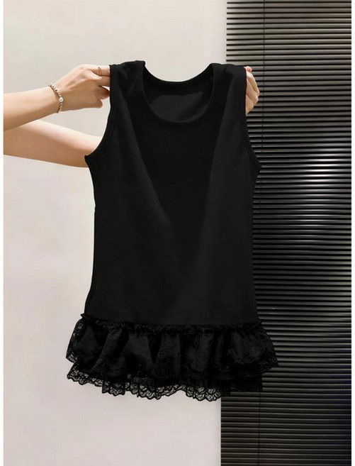 HANLIN 봄 여름 여성 면 빅 사이즈 레이스 프릴 밑단 라운드넥 민소매 나시