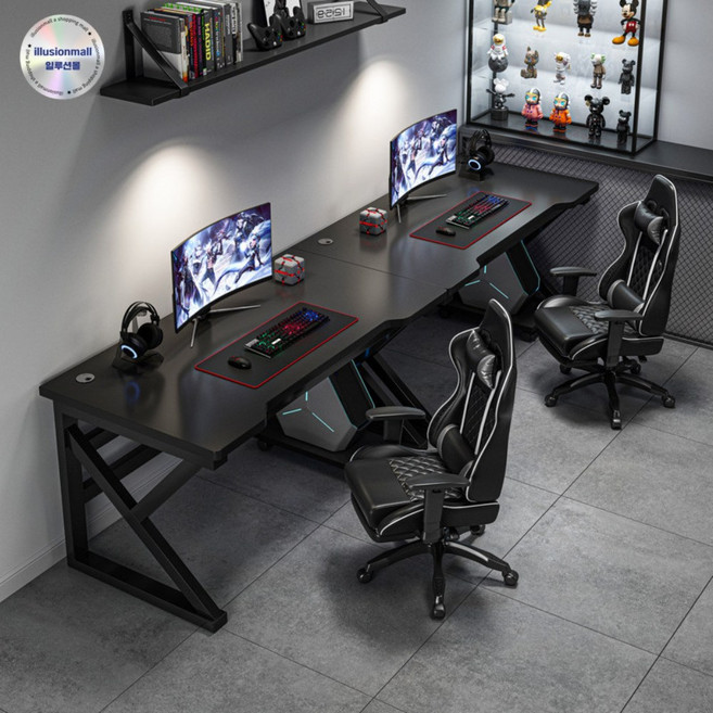 illusionmall 2인용 컴퓨터책상 멀티 게이밍 데스크 다용도 더블 책상 사무실 공간활용, 블랙