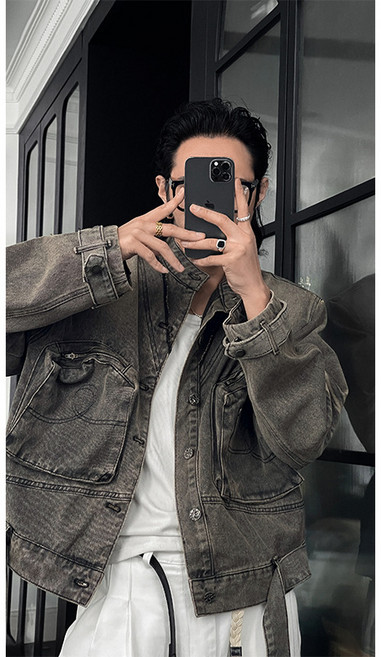 【美式復古】牛仔夾克 外套男 夾克男 春秋外套 工裝夾克 立領設計 多口袋 百搭潮牌 春季新品 男裝上裝