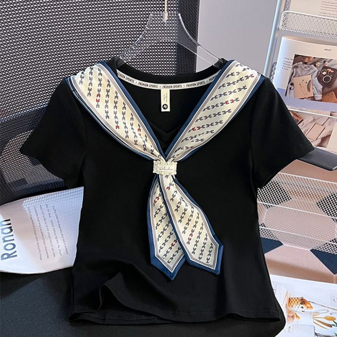 FANSYLI 반팔 티셔츠 여성 숏 브이넥 슬림 티셔츠 패션 가짜투 피스 티셔츠 오피스룩 빅사이즈 X2505M22