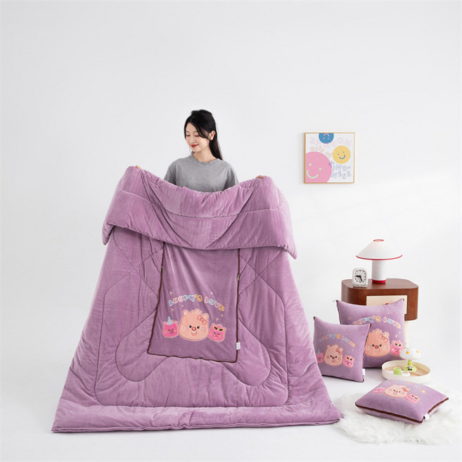 Loopy 抱枕被 兩用珊瑚絨毯, 加絨加厚露比Loopy-香芋紫