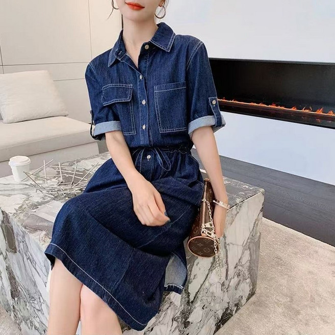 FIRSGIRL 여성 데님 롱 원피스 셔츠 반팔 루즈핏 A라인 청원피스