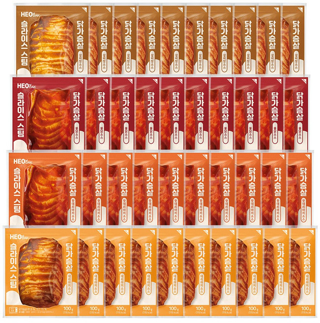 허닭 슬라이스 스팀 소스 닭가슴살 100g 4종 혼합, 40개