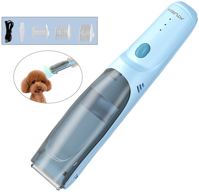 흡입이발기 무선애견이발기 세트 USB 충전식 저소음 방수 애견미용기 털흡입기능, 푸른색, 1개