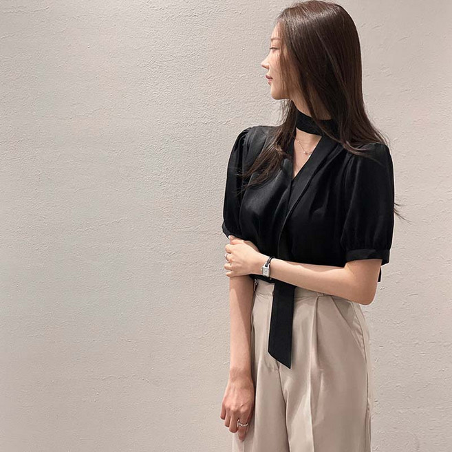 스타일닥터 여성 반팔 브이넥 타이 셔츠 비침없는 이중안감 오피스 데일리 상의