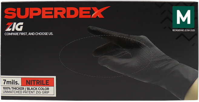슈퍼덱스 ZIG 니트릴장갑 고무 파우더 프리 두꺼운 장갑 100매, 1개, 블랙, M
