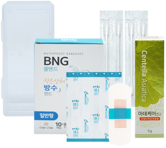 휴대용 케이스 + 미니 응급키트 3종 구급함 (작은상처 방수밴드 12매입+마데케어 5g+멸균면봉 4개입), 1세트
