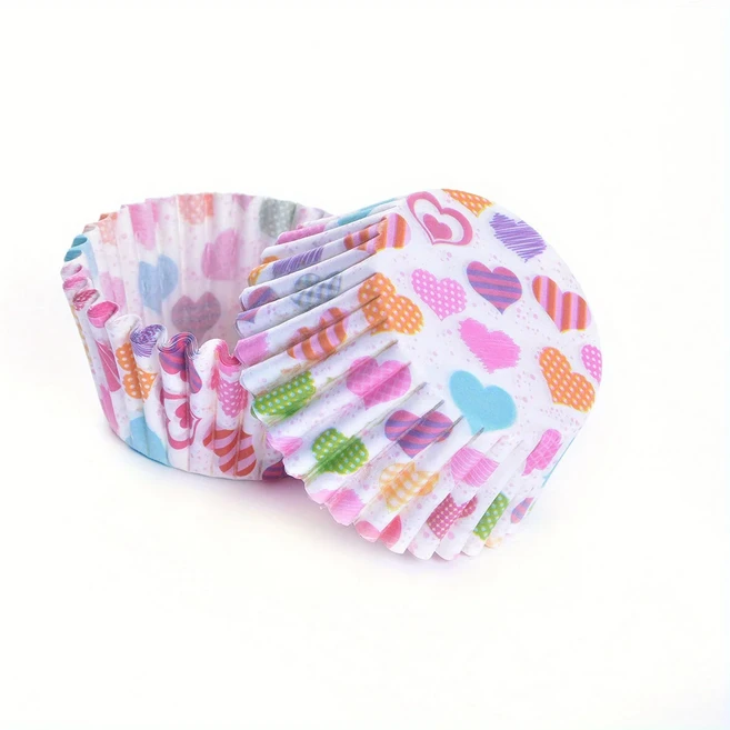 100pcs 미니 케이크 라이너 스탠드 그리스 방지 종이 트레이 컵케익 컵 귀여운 패턴 생일 파티 호의 베이킹, 04 Heart 100pcs