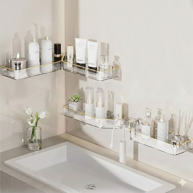 무타공 접착식 욕실선반 화장실 정리 코너형/일자형 2WAY 선반, 1개, 투명
