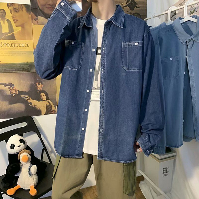 봄 가을 남성 데님 셔츠 루즈핏 상의 아우터 캐주얼 데일리 긴팔 청자켓 심플 빈티지 카고 셔츠 남방 ZZL
