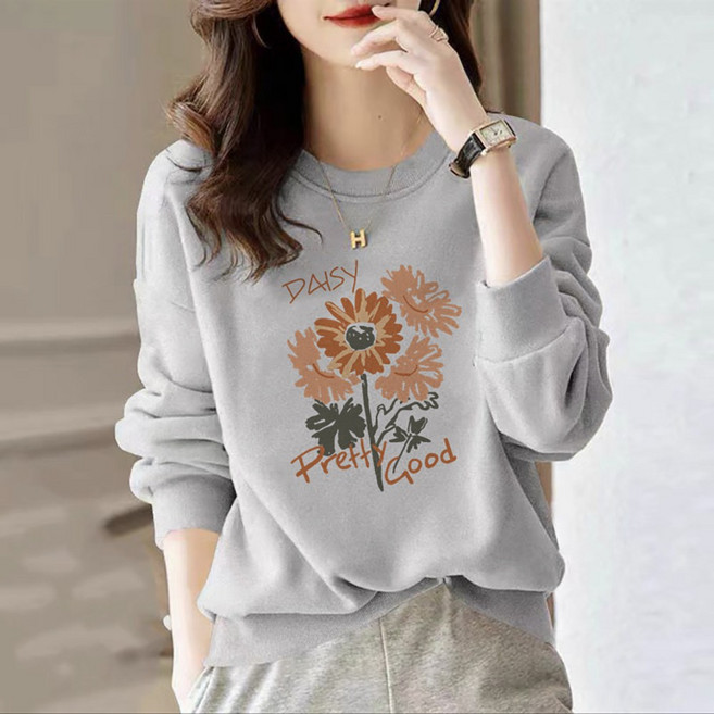 ROYALBELLE 여성 순면 라운드넥 플리스 두꺼운 루즈핏 플라워 프린트 긴팔 맨투맨 F0122503