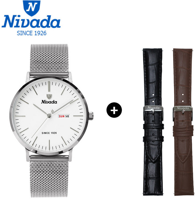 NIVADA 니바다 클래식 남성용 캘린더 메탈시계 1016 (가죽밴드2개증정 3가지연출)니바다 쇼핑백 증정