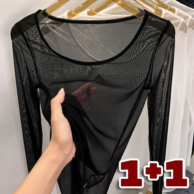 1+1 2p 여성 여름 시원한 망사티 슬림핏 베이직 무지 라운드 레이어드 메쉬긴팔티