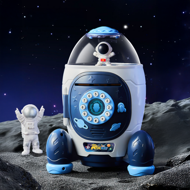 요술책상 어린이 우주선 저금통 금고 L 로켓 노래 소리나는 장난감 선물, 1개, 블루