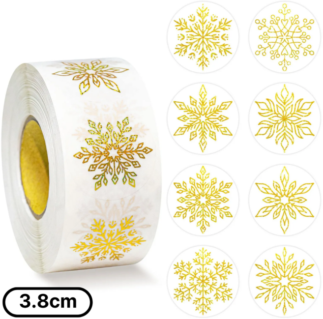 대형 500매입 눈송이 결정 크리스마스 스티커 3.8cm, 1개, 골드(S762)