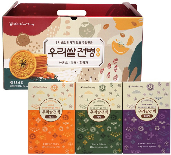 신화당 우리쌀 전병 세트 우리쌀 옛날과자 3개입 (아몬드 파래 흑임자 각 6봉 204g), 상세페이지 참조, 1세트