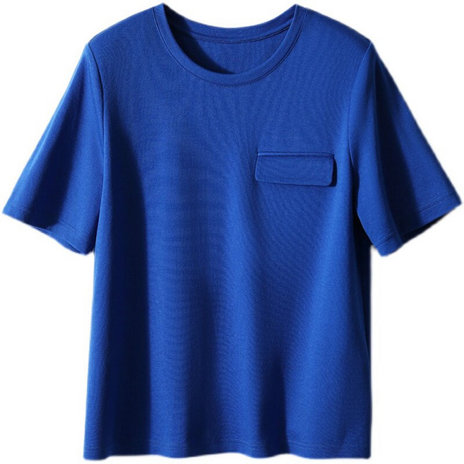 라운드넥 여름 코발트블루티셔츠 여성 빅사이즈 포켓 반팔 티셔츠