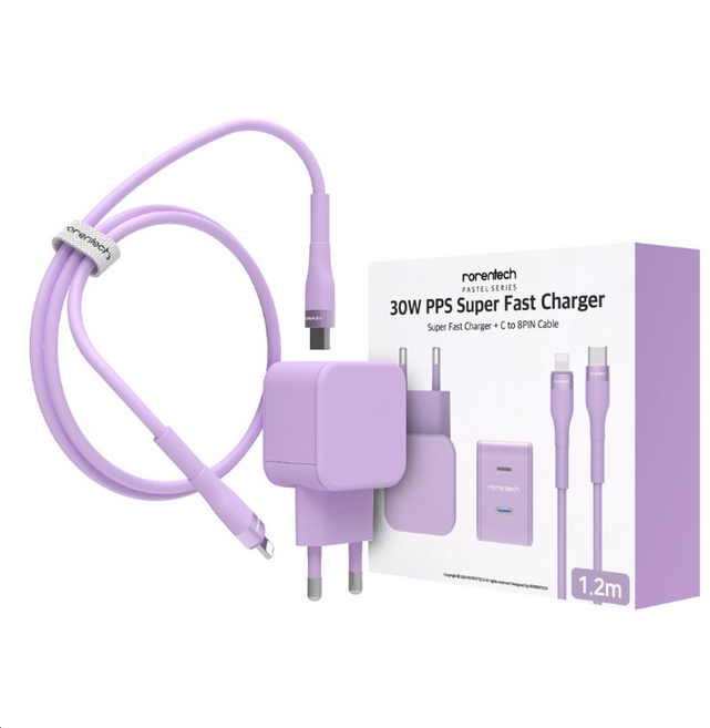 로랜텍 파스텔 고속 충전기 + PD C타입 to 8핀 케이블 1.2m 세트, 1세트, 퍼플
