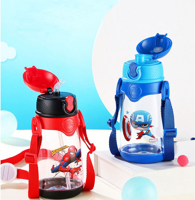 디즈니 마블 캐릭터 원터치 유아 트라이탄 어린이집물병 유치원 휴대용 끈달린 빨대물통, 캡틴 아메리카, 1개