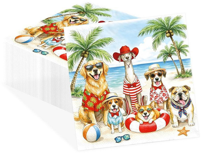 50 Pcs Summer 강아지용 Cocktail Napkins 3 Ply 5\" x Tropical Beach Disposable Party Seaside Guest Absor, 50 Pcs Summer 강아지용 Cocktail Na
