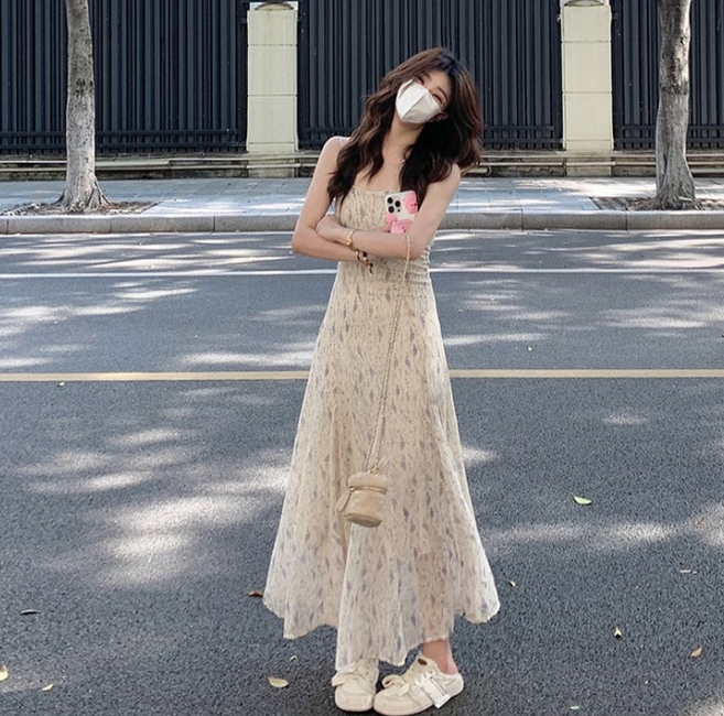 COSYEVNO 나시 쉬폰 원피스 플라워 슬림핏 패션 여름 여성 A라인 롱스커트