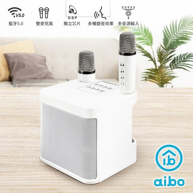 aibo 雙人對唱行動KTV 藍牙喇叭無線麥克風組, 白色