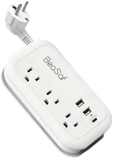 BeaSaf 出國旅游 歐規旅行插座 收納延長線 旅行延長線 USBType-C轉接頭 便携式插座 歐洲 韓國轉接頭, 1個, 白色【3插口+2USB+1Typec】, 白色, 1m