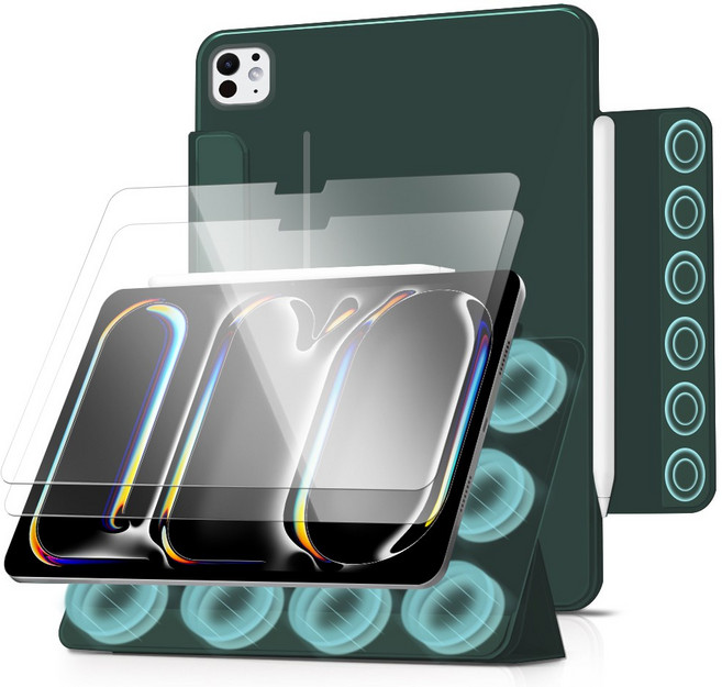 더조은셀러 아이패드 호환 3단 폴리오 마그네틱 케이스 2매입 유리필름 포함, 다크그린, 1개