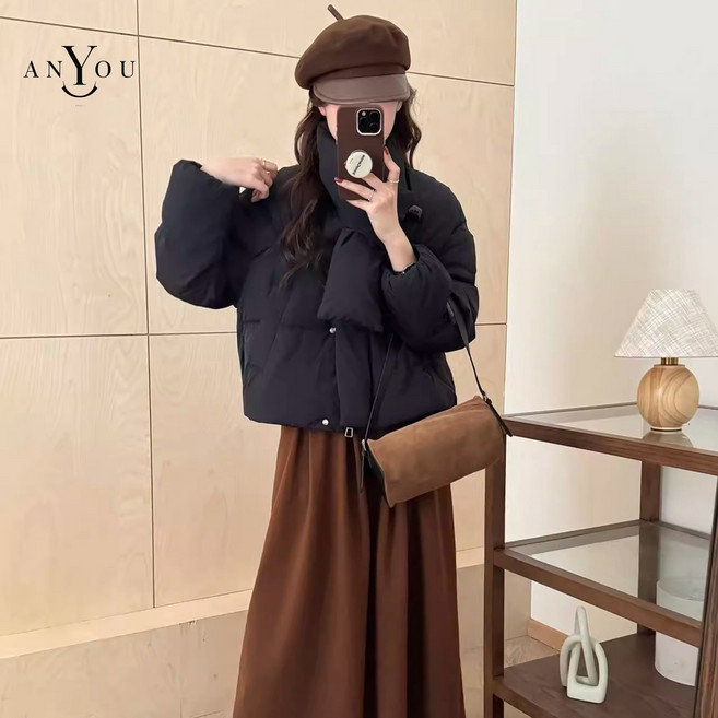 ANYOU 겨울 여성 숏패딩 여성 머플러 숏 패딩 자켓 여자 루즈핏 쇼트 코트