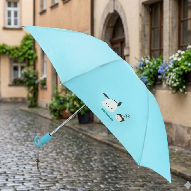 산리오 포차코 소프트폴드 거꾸로 자동 우산 민트색 귀여운 캐릭터 우산 초등 장우산 가벼운 비우산