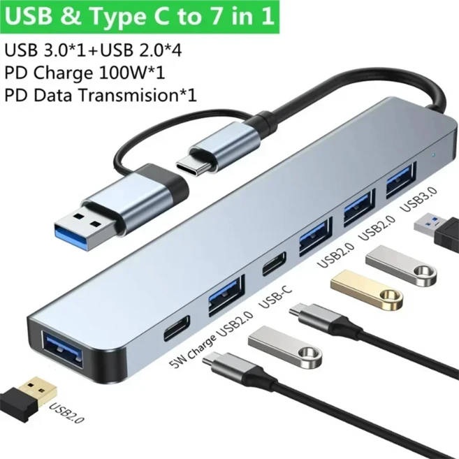 USB 3.0 타입 C 어댑터 도킹 스테이션 포트 TF SD 카드 리더 오디오 출력 멀티 허브 스플리터 (맥북 프로, 01 7 in 2