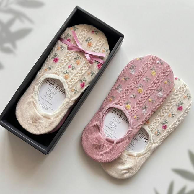[제이엔우드 양말선물세트 2족/3족/4족] 여자 꽃자수 페이크삭스 덧신 어린이집 선생님 답례품
