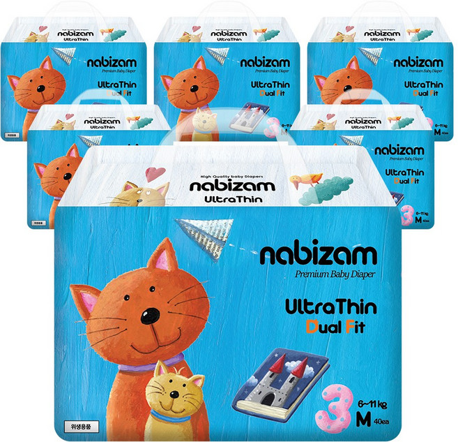 나비잠 기저귀 울트라씬 듀얼핏 밴드 6팩, 중형(M), 240매
