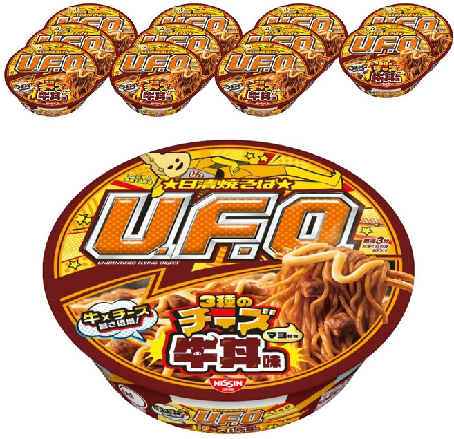 닛신 야끼소바 UFO 3종 치즈 규동 맛 마요네즈 포함 107g, 12개