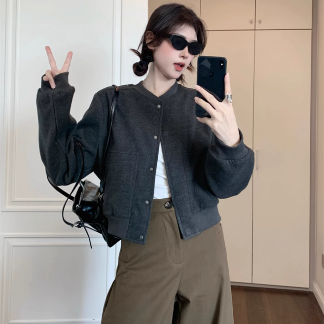 슬림소녀 여성 봄 가을 심플 단색 야구자켓 작은 키 쇼트 기질 통근 루즈핏 코트