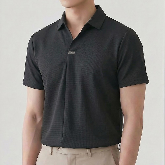 루크 남성 여름 고급 캐주얼 브이넥 반팔 카라티 얇고 시원한 클래식 편안한 티셔츠 세련된 세미 정장 단정한 상의