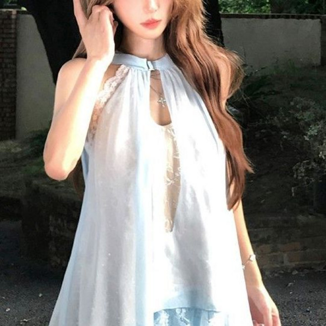 冰川藍純欲蕾絲假兩件無袖背心夏季掛脖上衣, 1個, 冰川藍上衣L