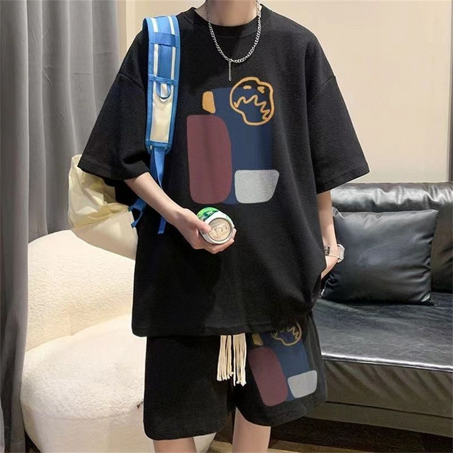 besteffie 투피스 여름 캐주얼 세트 남성 오버사이즈 반팔 티셔츠 반바지 루즈핏 세트업 간단한 도형 디자인 K37